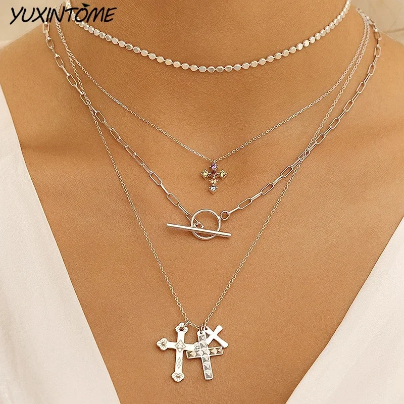 925 Sterling Silver Chain Fashion Cross Pendant Long Chain 45cm Gold Necklace Wedding Rock Punk Charm Exquisite Jewelry Gift