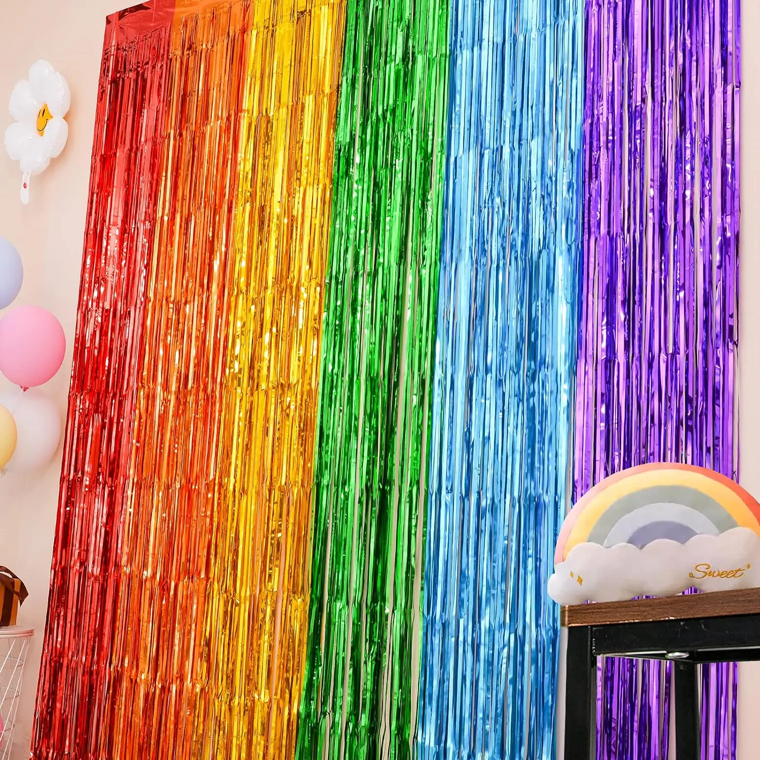 Rainbow Foil Fringe Curtains - Tinsel Metallic Streamers for Vibrant Party Decorations, Set of 2