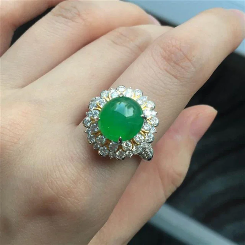 

Vintage Fashion Chinese Style Green Natural Chalcedony Luxury Flower Rings for Women Wedding Jewelry Cheongsam Accessories