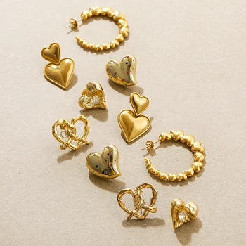 Vintage CZ Crystal Love Heart Earrings for Women Creative Gold Plated Metal Double Heart Drop Earring Fashion Jewelry Girls Gift