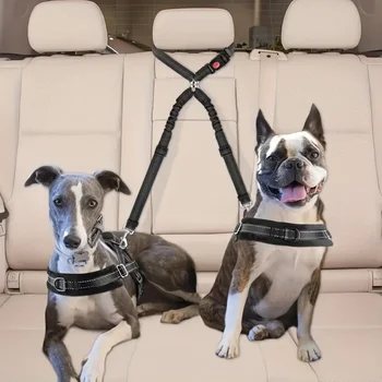 Double Dog Car Harness Safety Seatbelt Adjustable Pet Travel Restraint for 2 Dogs Heavy Duty Crash Tested Elastic Splitter Headr