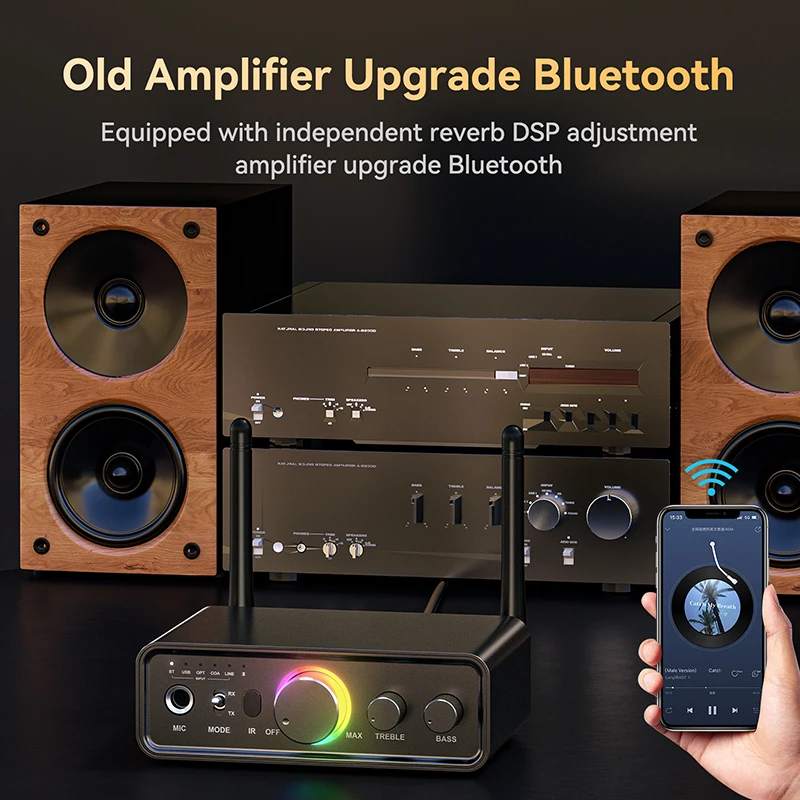 RGB Bluetooth 5.3 Audio Transmitter Receiver DAC Digital to Analog Conversion DSP 6.5MM Microphone Karaoke Hifi Wireless Adapter