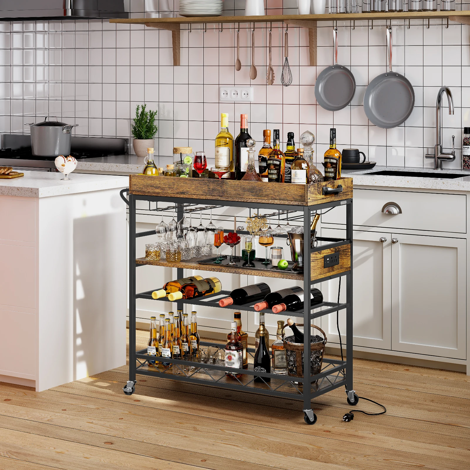 Redlife Home Bar Cart Kitchen Organizer cart Mobile Storage Trolley with Wine Rack and Glass Holders for Living Room Dining Room