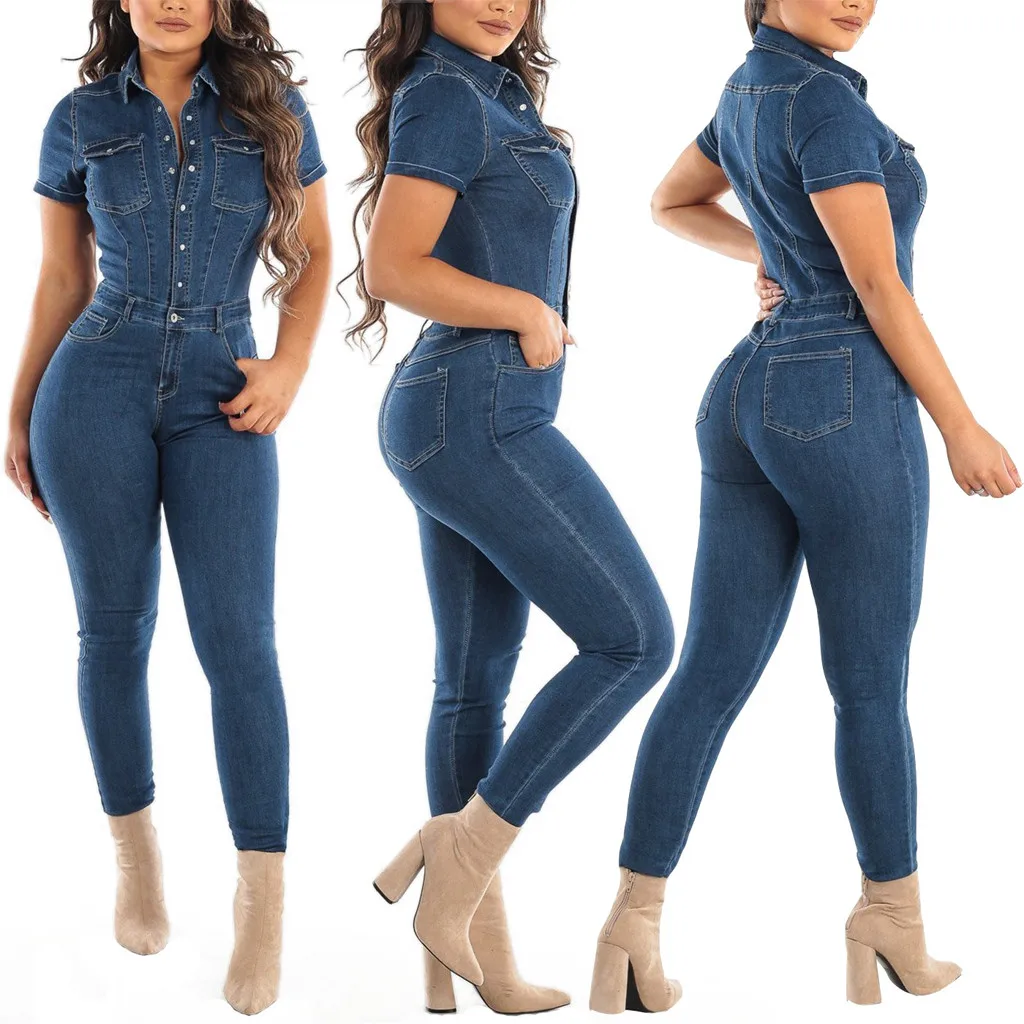 Women Skinny Jeans Jumpsuit Ladies Tight Fitting Button Jumpsuits