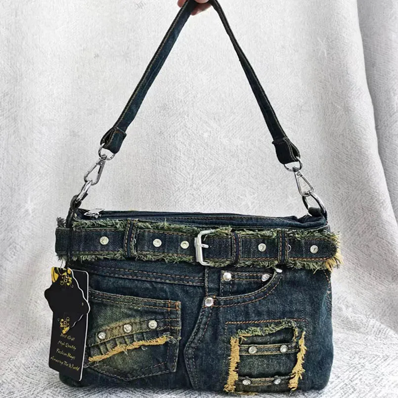 

Denim Jean Retro Unisex Large Capacity Rivet Blue Crossbody Messenger Bags Handbags Letter Shoulder Shopper Female Purse