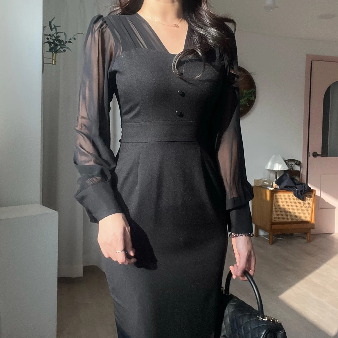 Korean Fashion Bodycon Midi Dresses for Women Mesh Patchwork Long Sleeve Fishtail Office Lady Mermaid Party Dress Slim Mermaid