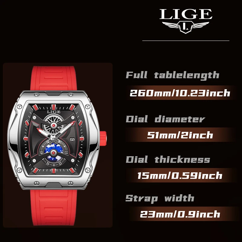 LIGE Fashion Luxury Quartz Man Watches Casual Silicone Strap Sport Square Watch for Men Military Waterproof Auto Date Wristwatch