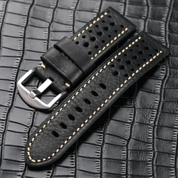 Handmade Breathable Perforated Leather Strap - Soft Retro Men's in Black or Brown - 26MM (B Silver Buckle)