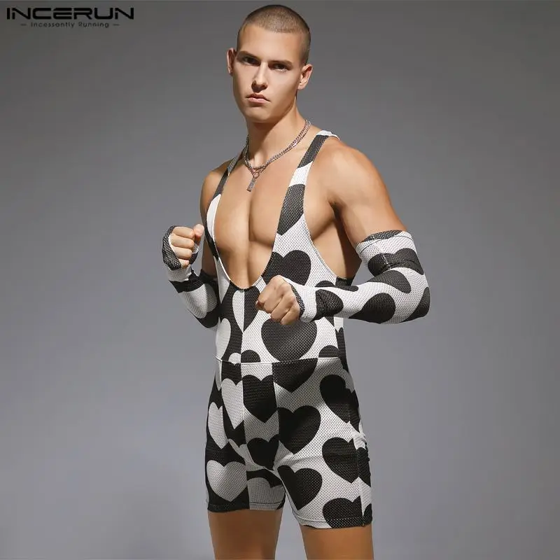 INCERUN 2023 Sexy Men's Bodysuits Love Printing Sleeve Design Jumpsuits Fahsionable Homewear Flat angle Sleeveless Rompers S-3XL