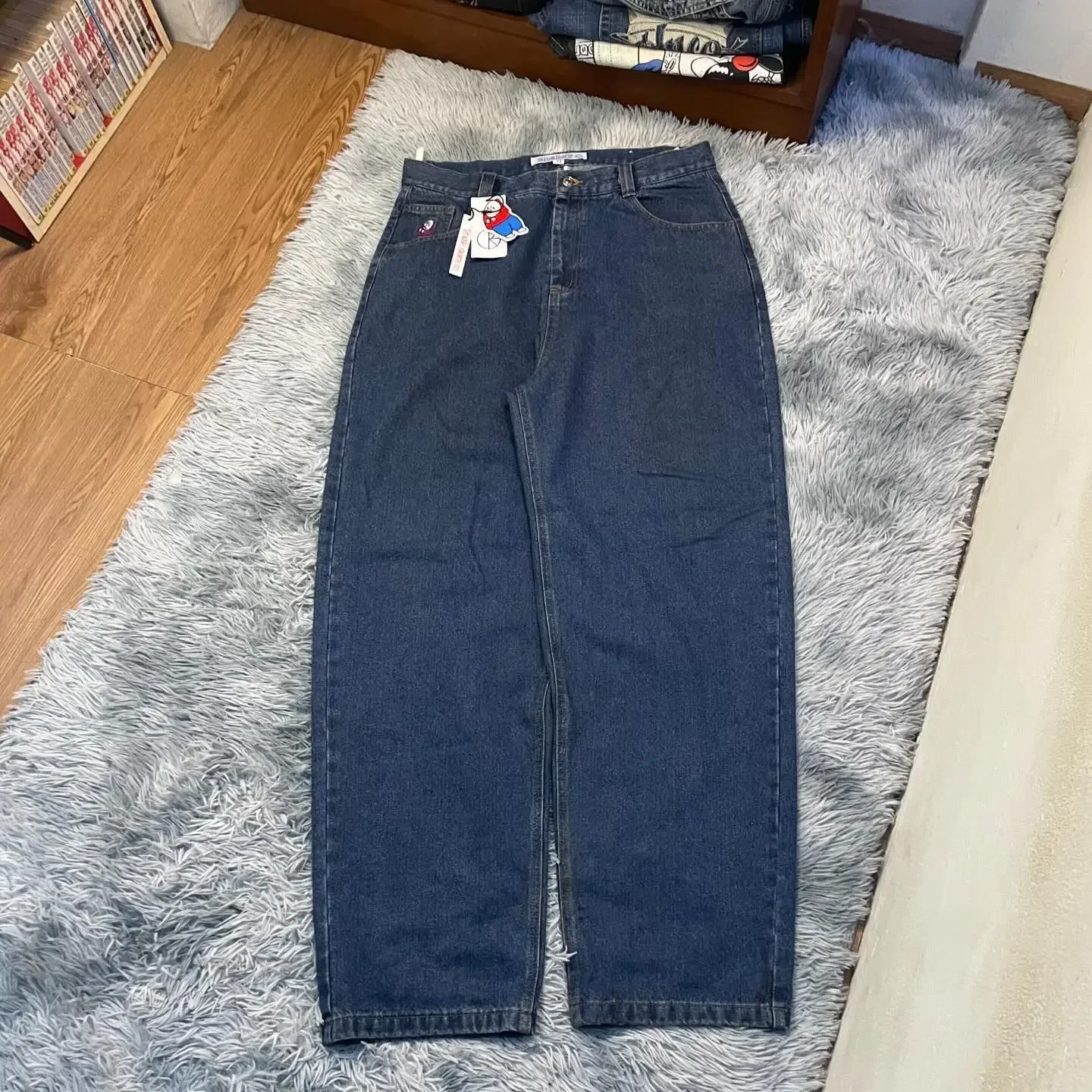 Retro Blue Baggy Jeans Y2K Pants Hip Hop Cartoon Streetwear Polar Big Boy Jeans Embroidery Mens Womens High Waist Wide Trouser 2