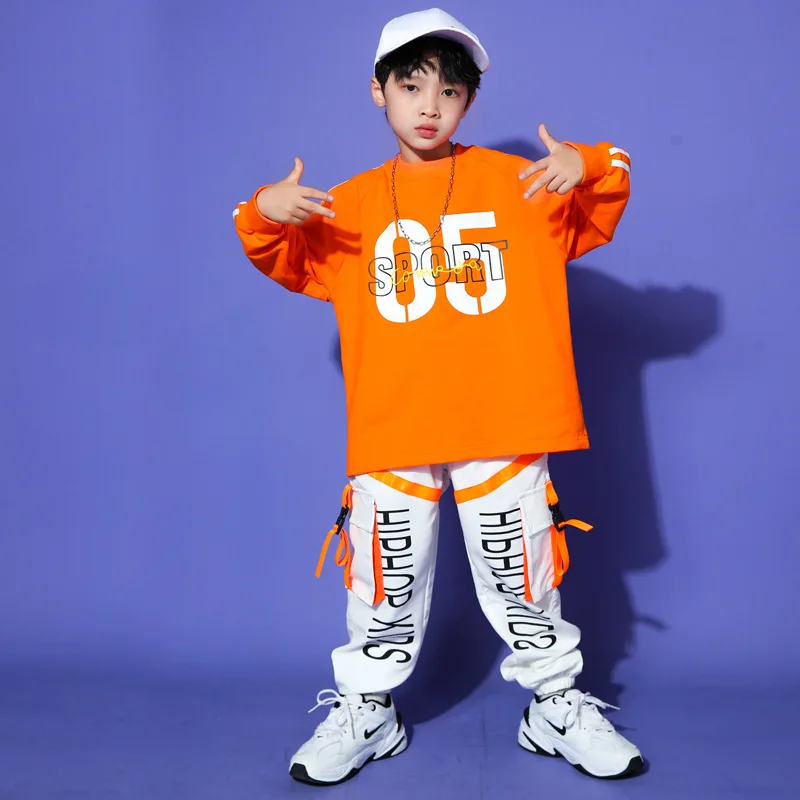 

Hip Hop Dancer Outfit Orange Tops White Cargo Pants Kids Street Dance Performance Costume Girls Jazz Dancing Clothes