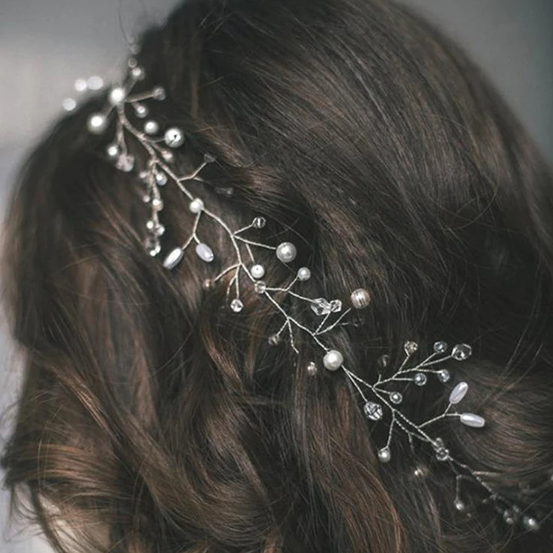 35cm Wedding Headband Pearl Crystal Bridal Hair Accessories Headpiece Decorative