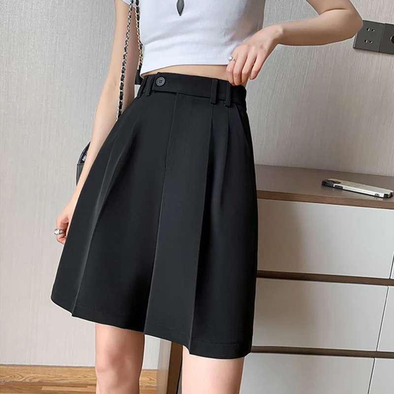 Summer New Korean High Waist Slim Wide Leg Shorts Women's Solid Button Zipper Pockets Fashion Simple Loose Casual A-line Shorts