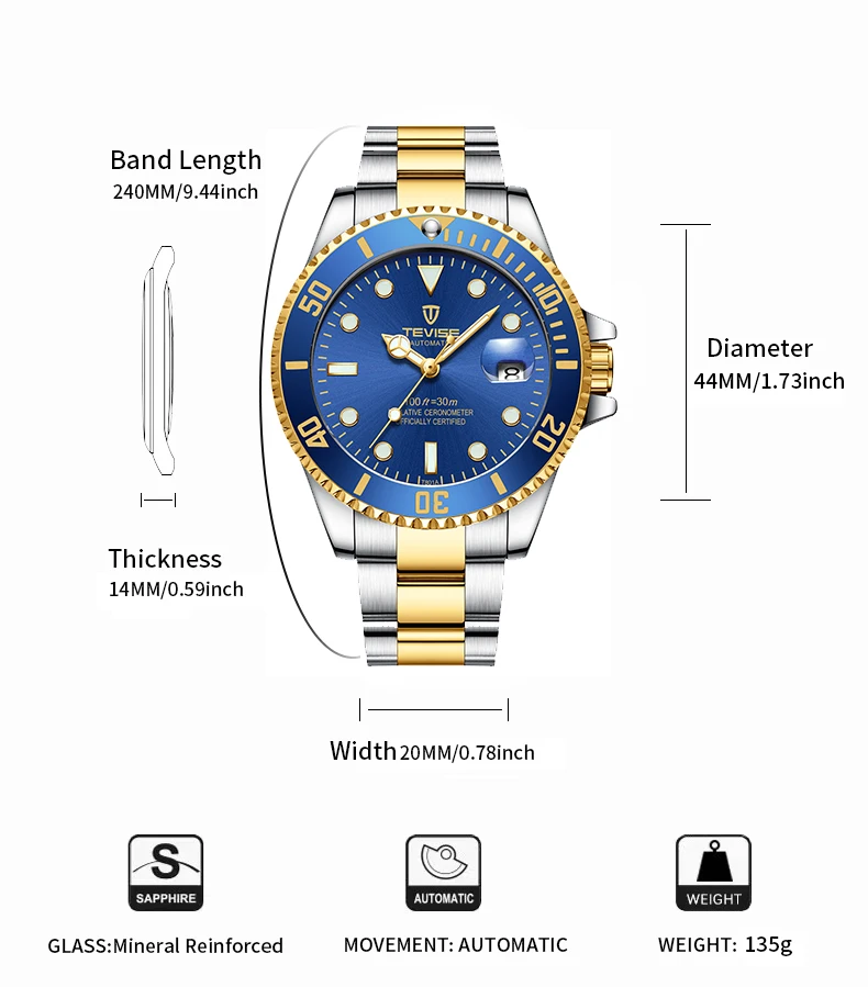 TEVISE Automatic Mechanical Luxurious For Men Waterproof Business&Fashion Stainless Steel Wristwatch