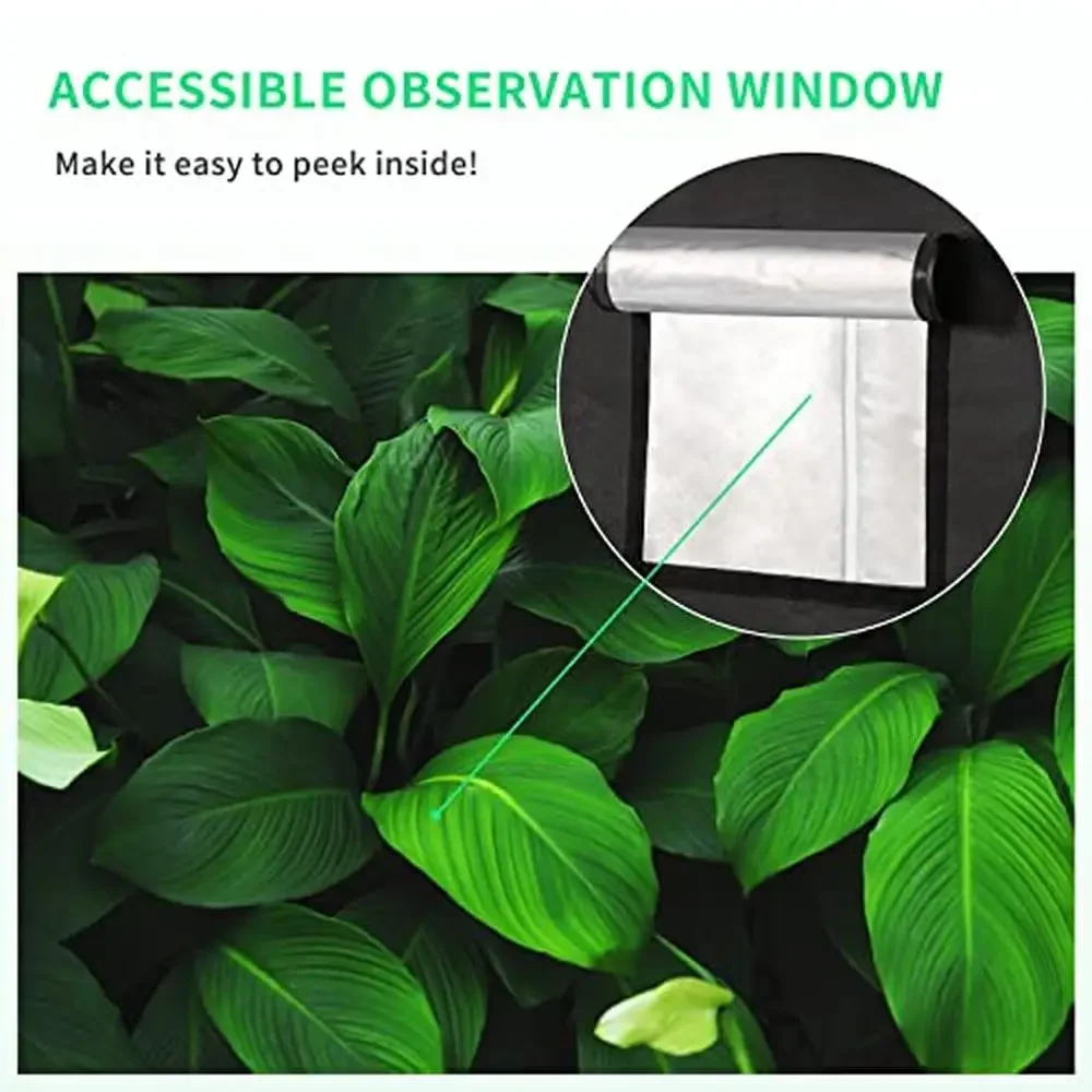 Observation Window Hydroponic Reflective Plant Growing Tent 24"x24"x48" 600D Mylar Floor Tray Block Light Metal Rods Indoor
