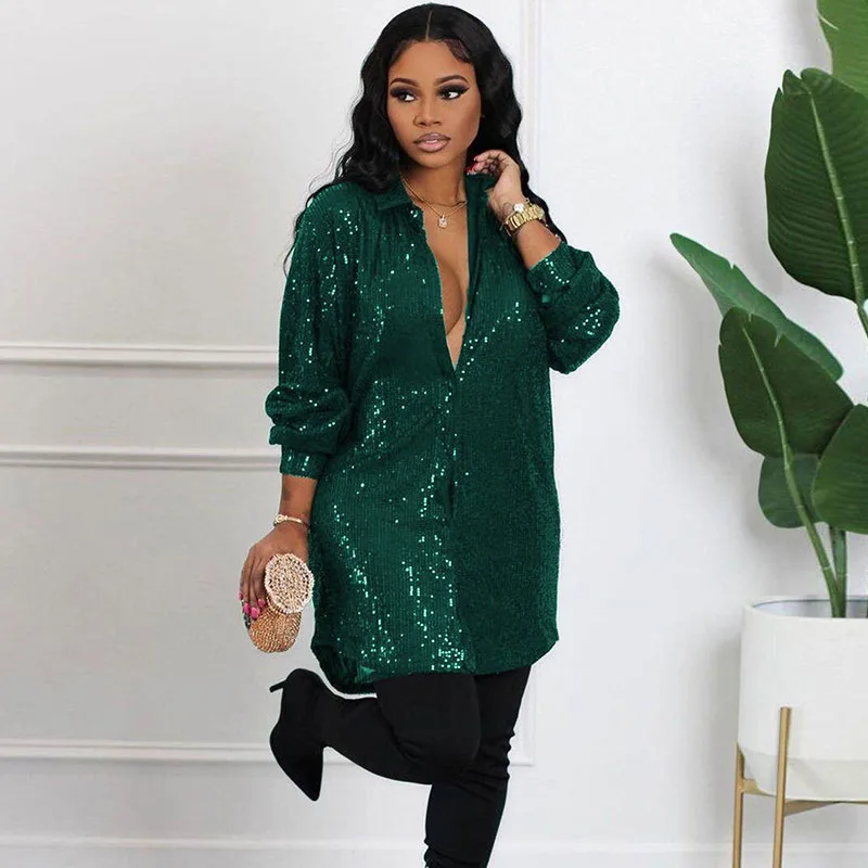 

Sexy Sparkly Sequins Party Dresses Women Clothing Turn-down Collar Button Up Long Sleeve Shirt Dress Club Night Birthday Dress