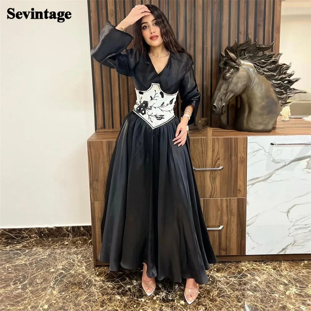 

Sevintage Black Taffeta Saudi Arabic Prom Dress V-Neck Long Sleeves A Line Formal Evening Dress Women's Outfits Party Gowns 2023