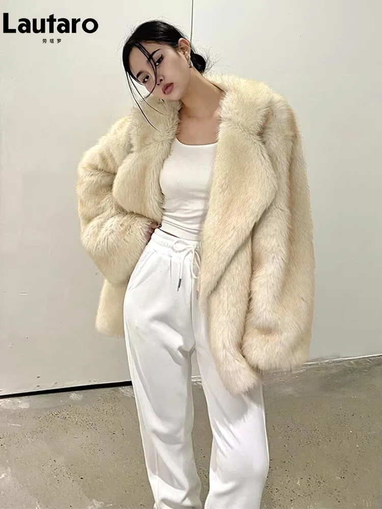 Lautaro Winter Loose Casual Thick Warm Soft Hairy Faux Fur Coat Women Luxury High Quality Furry Fluffy Jacket Korean Fashion 2