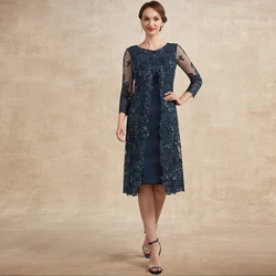 Sparkle Sequin Applique Knee Length Mother Of The Bride Dresses 3/4 Sleeve Vintage Wedding Guest Party Gown For Woman Madrina