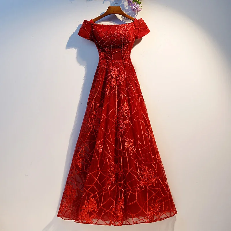 

Clearance Size 8 Evening Dresses Burgundy Embroidery Off the Shoulder Lace up A-line Floor Length Women Formal Evening Gown B127