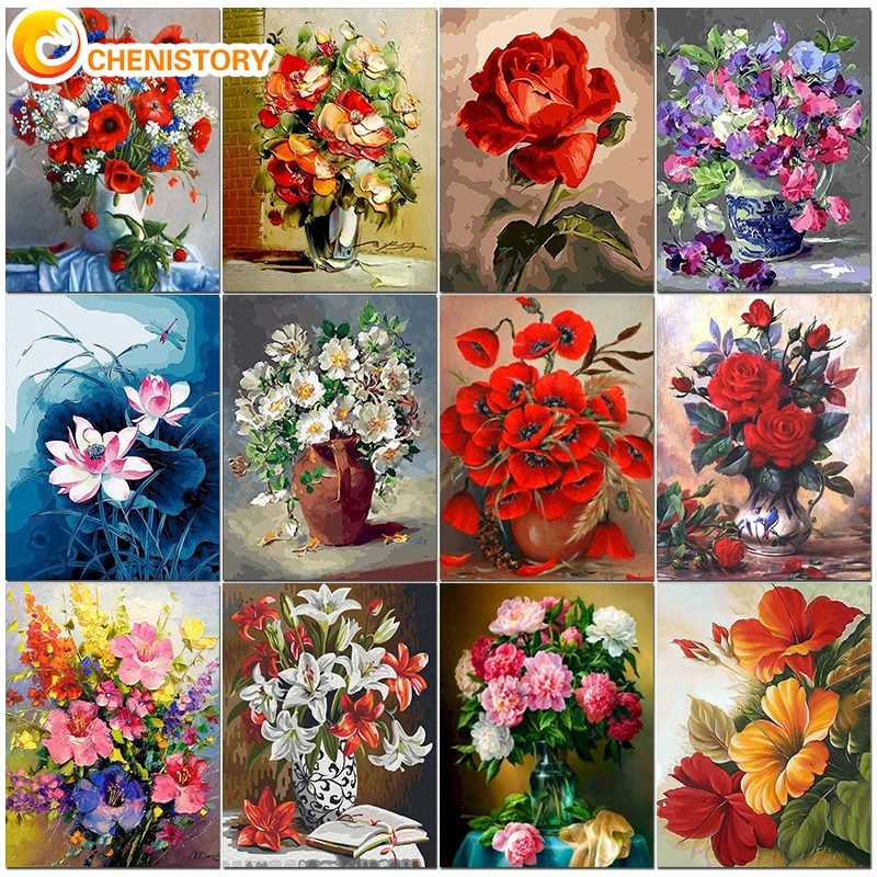 

CHENISTORY Painting By Numbers Kits For Adults Kit Diy Crafts Frame Red Flowers Oil Picture By Number Home Wall Art Decor Paints