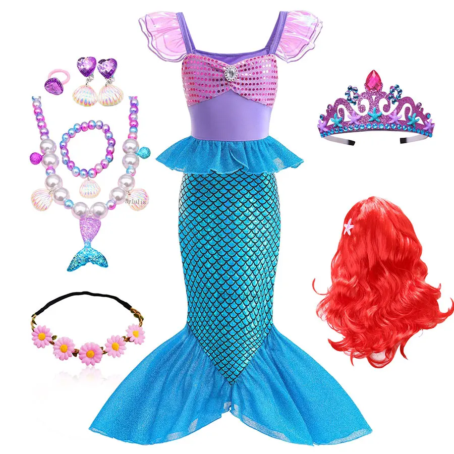 Costumes de princesse Ariel pour filles, Costume d'halloween, petite sirène, carnaval, fête d'anniversaire, robe de sirène, vêtements
