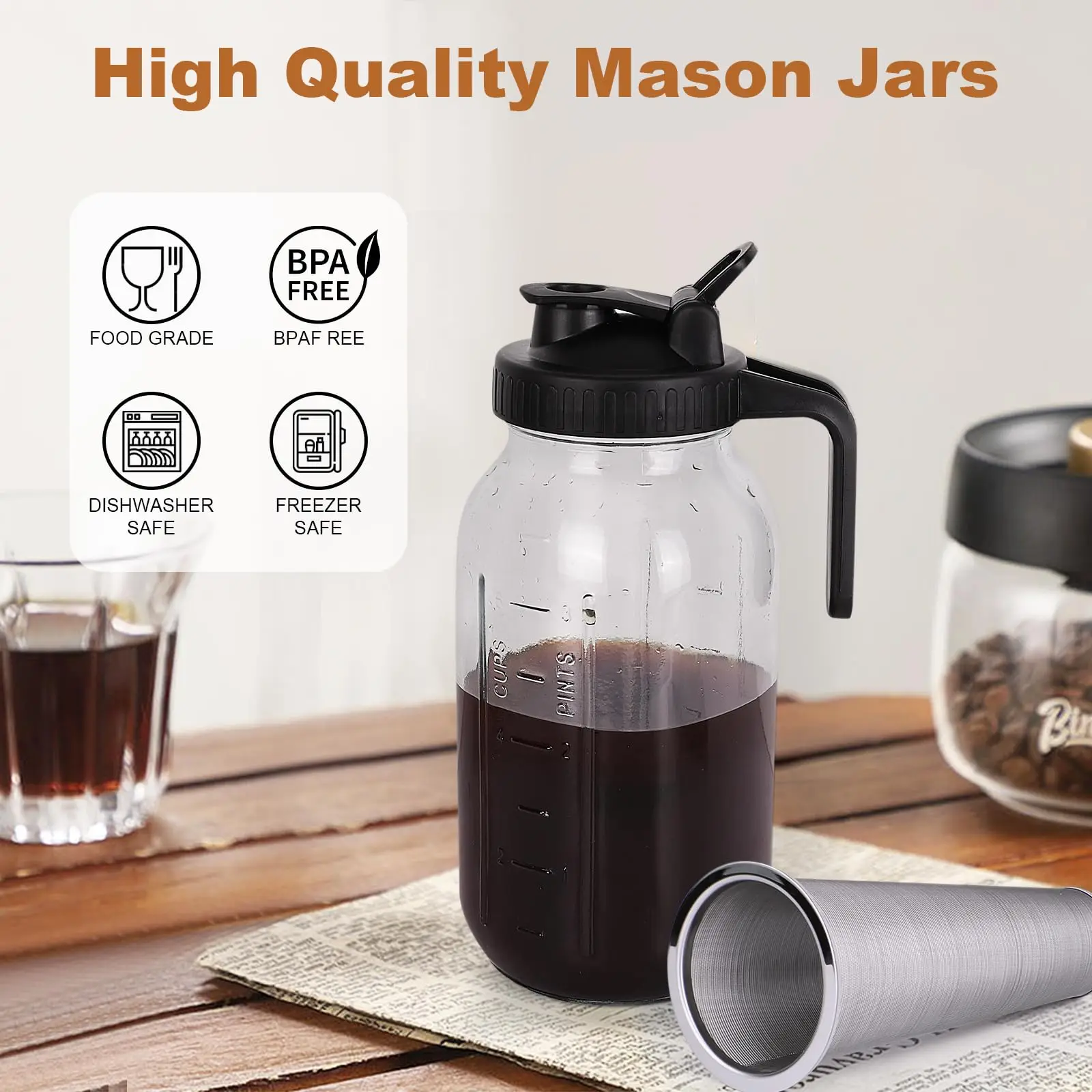 Cold Brew Coffee Maker,64 oz Mason Jar Pitcher with Stainless Steel Filter, Pour Spout Handle Lid, Heavy Duty Glass Airtight