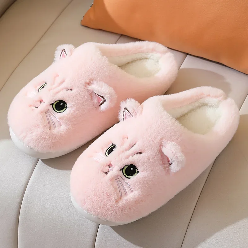 Women Slipper Autumn Winter Cute Cartoon Cat Home Slippers Men Warm Plush Slides Indoor Bedroom Anti-Slip Floor Couple Slipper