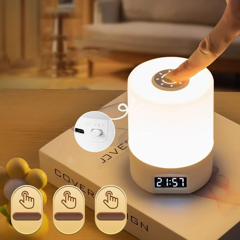 터치 컨트롤 침실용 무드등 디지털 시계 LED 따뜻한 백색 테이블 램프 침실 수면 무드등 홈데코 모던