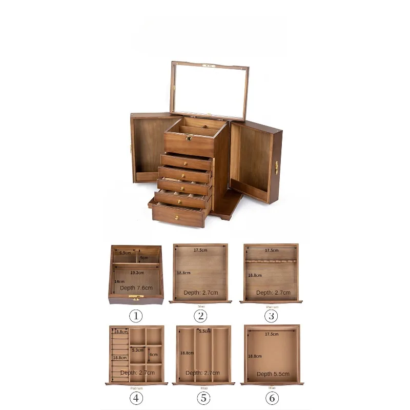 Wooden Retro Style Jewelry Box Large Display Storage Cosmetics Multilayer Drawers Organizer for Cosmetics Packaging Supplies
