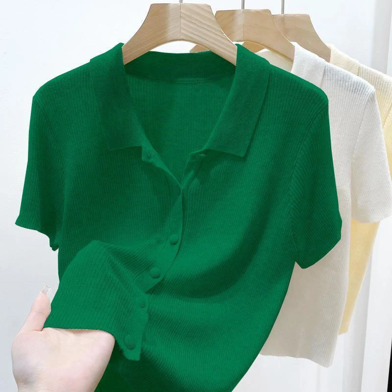 Korean Women's Lapel Short Sleeve Solid Color All Match Slim Knitted Cardigan 4