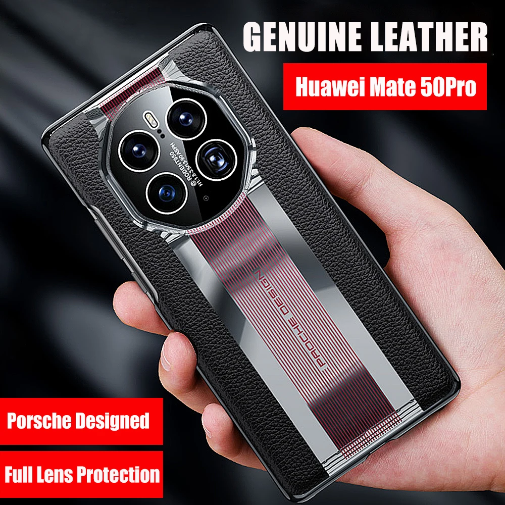 

Genuine Leather Phone Case For Huawei Mate 50 Pro Cowhide Crocodile texture Original Cover For Mate 50E Luxury plating Hard Capa