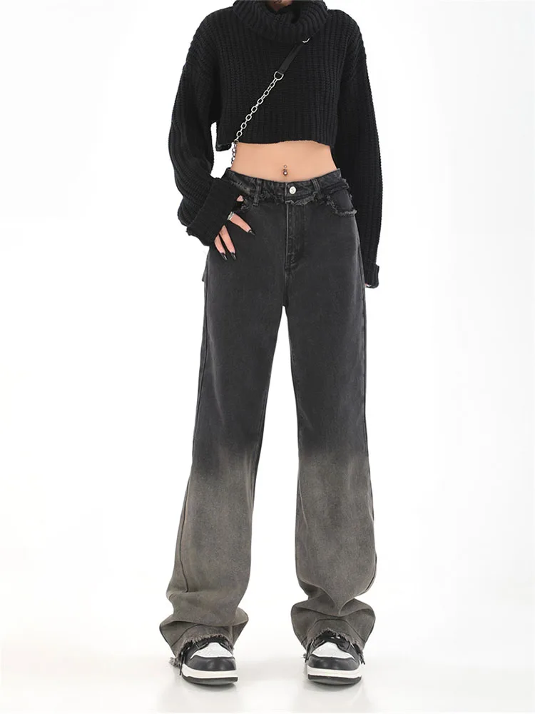 

Womens Gradient Color Jeans Black High Waist Vintage Straight Baggy Pants Chic Design Streetwear Denim Wide Leg Trouser 2022 New