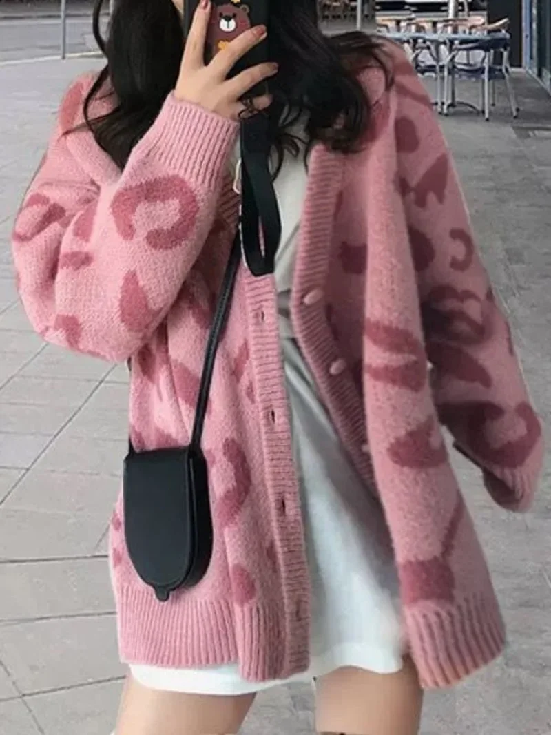 여성용 캐주얼 스웨터, 한국 패션 용수철 핑크 레오파드 V넥 긴팔 카디건, 루즈 코트