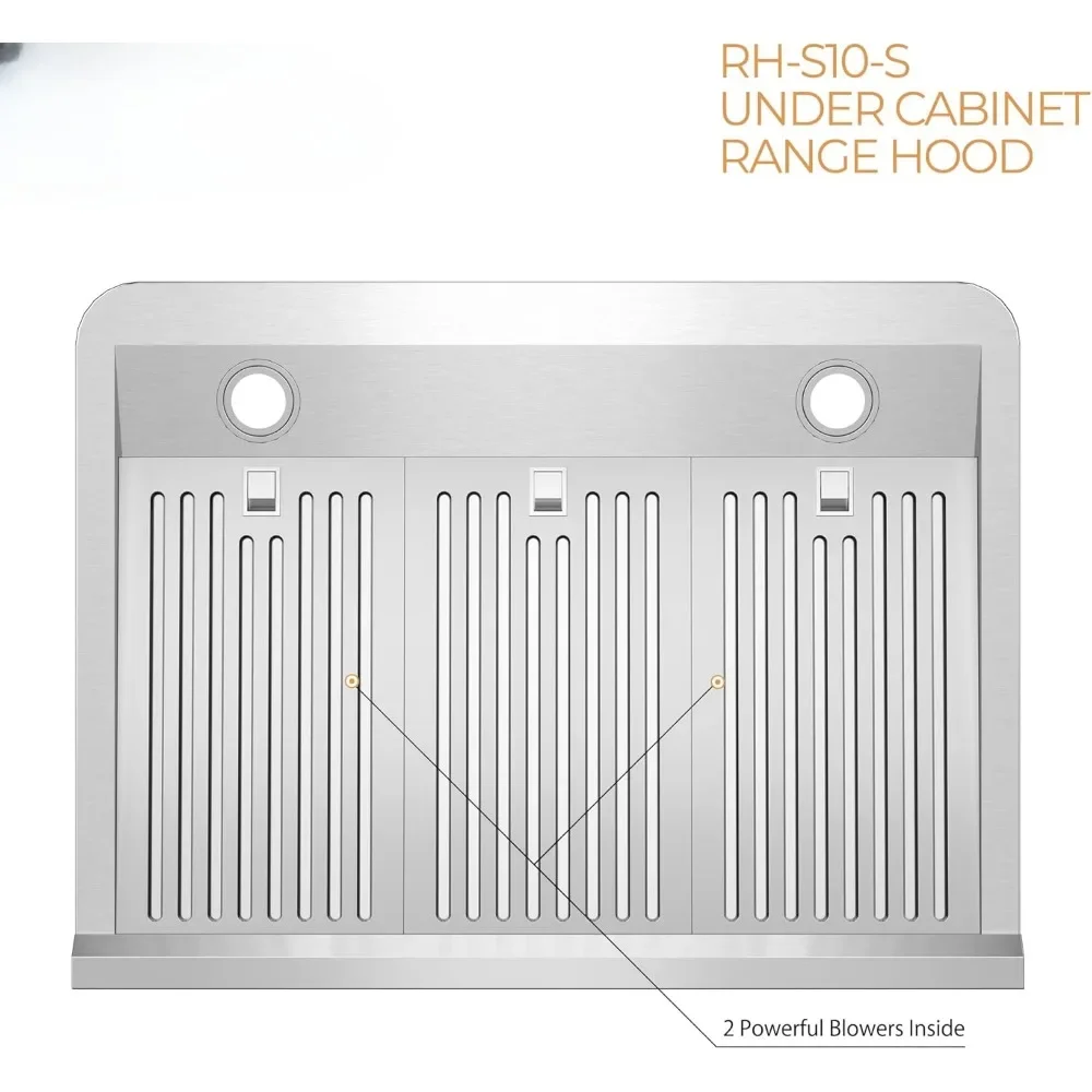 30 Inch Range Hood, 7” High Stainless Steel Under Cabinet Range Hood 4 Speeds, 8” Round Top Vent, 1000CFM 2 LED Lights 5