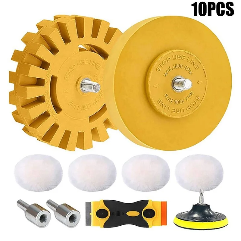 10PcsDecalRemovalRubberEraserWheelToolsKitforRemoveCarPinstripesStickersPowerDrill