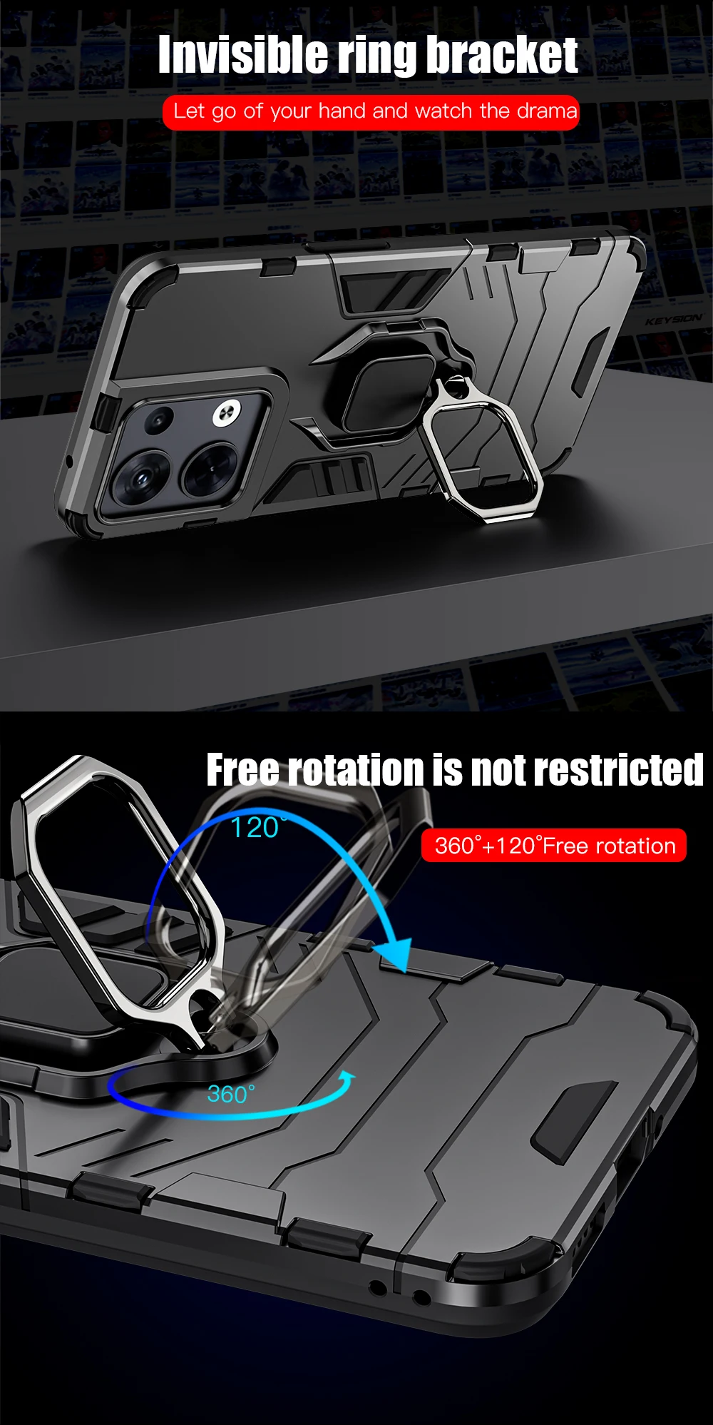 KEYSION Shockproof Case for OPPO Reno8 5G 8 Pro 5G Silicone + PC Metal Ring Stand Phone Back Cover for OPPO Reno 8 Pro+ _voghion.com