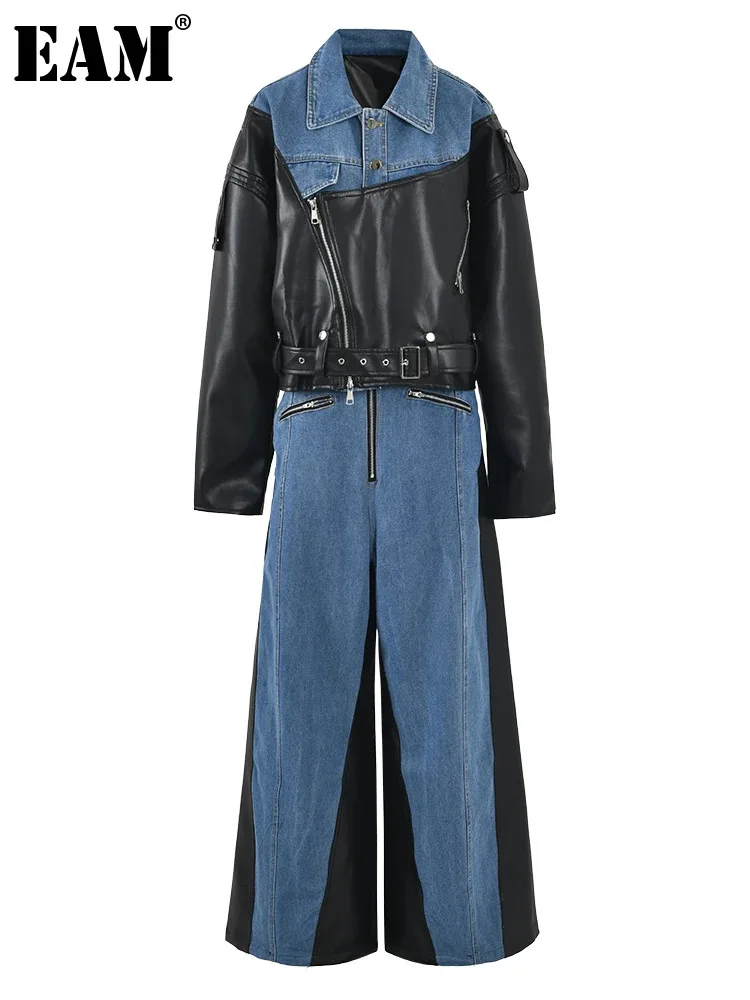 

[EAM] Big Size Denim Leather Jacket Wide Leg Pants Two Piece Suit New Lapel Long Sleeve Women Fashion Spring Autumn 2024 9C2563