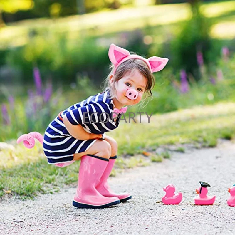 Pig Costume Set Pig Ears Nose Tail and Bow Tie Pink Fancy Dress Costume Kit Accessories for Kids Halloween Dress-up Play