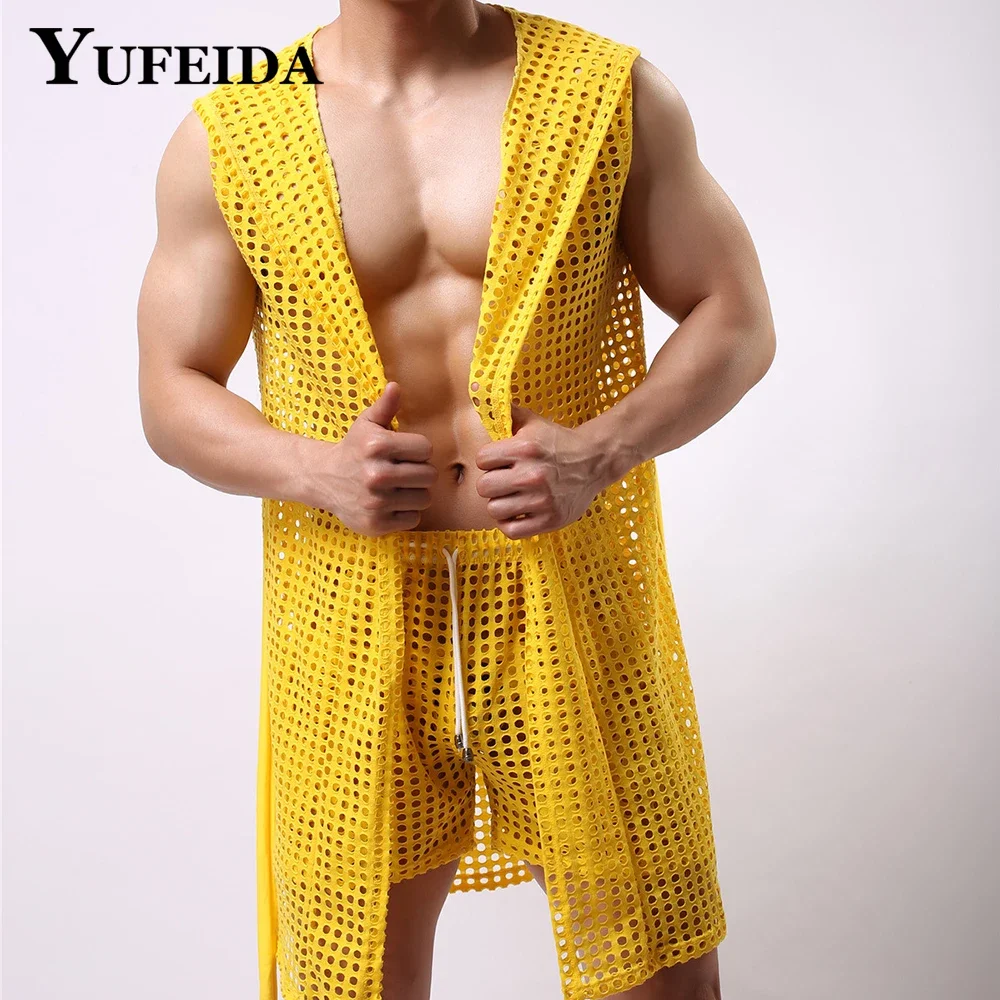 

YUFEIDA Mens Sexy Hooded Sleeveless Robe Fishnet Bathrobe Mesh See-Through Sleepwear Pajamas Male Hollow Out Beachwear Nightgown