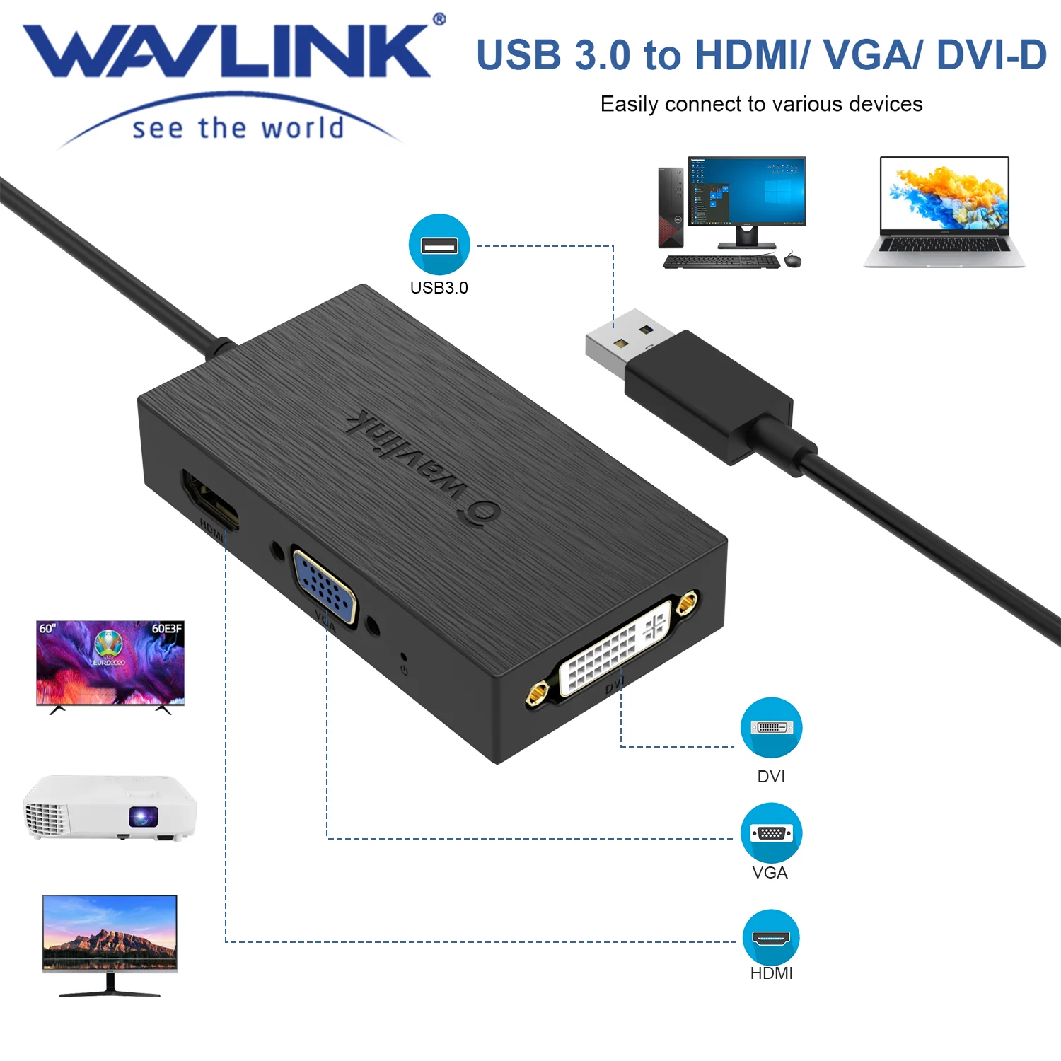 Wavlink USB 3.0 To HDMI Multi Monitor Video Graphic Adapter, HD 1080p  Output External Video Card Adapter HDMI Display Projector 