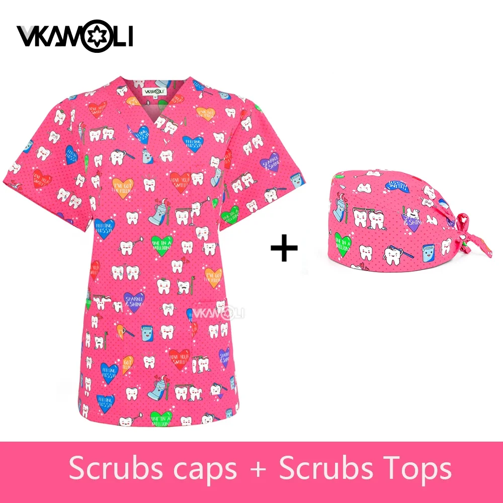 Dental Hospital Multi-Pocket Nursing Scrubs Tops Cute Cartoon Tshirt Short Sleeve V-Neck Tops dentist Working Uniform