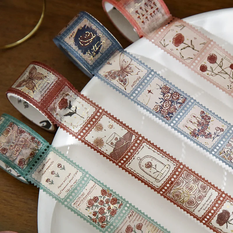 

Retro Sunken Rose Stamp Washi Tape Bronzing Masking Tape Scrapbook Supplies for DIY, Journals, Daily Planners, Gift Wrapping