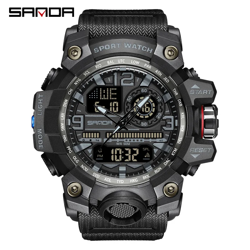 SANDA 3133 Men Electronic Watch Trendy Fashion Sport Waterproof Date Pointer Digital Analog Dual Display Wrist Watch for Student