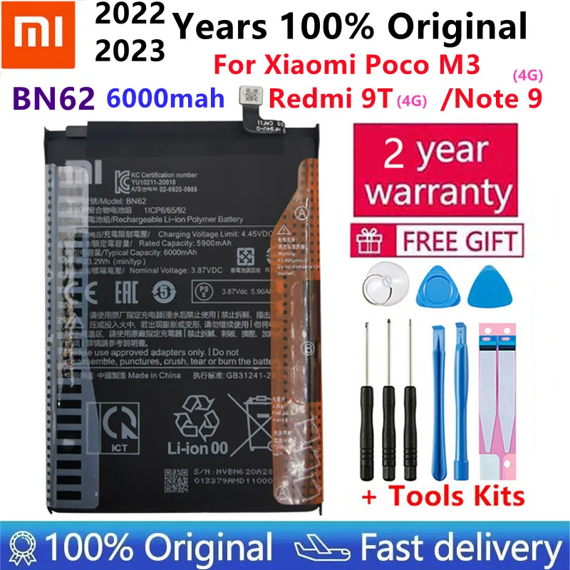 

2023 Xiao Mi Original 6000mAh BN62 Phone Battery For Xiaomi Redmi Note9 4G High quality Batteries With Tools+Tracking number