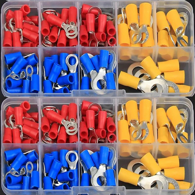 

128Pcs Insulated Ring Terminal Crimp Connector Kit Ring Cable Wire Connectors Cord Pin End Butt Terminals RV1.25 RV2 RV5.5