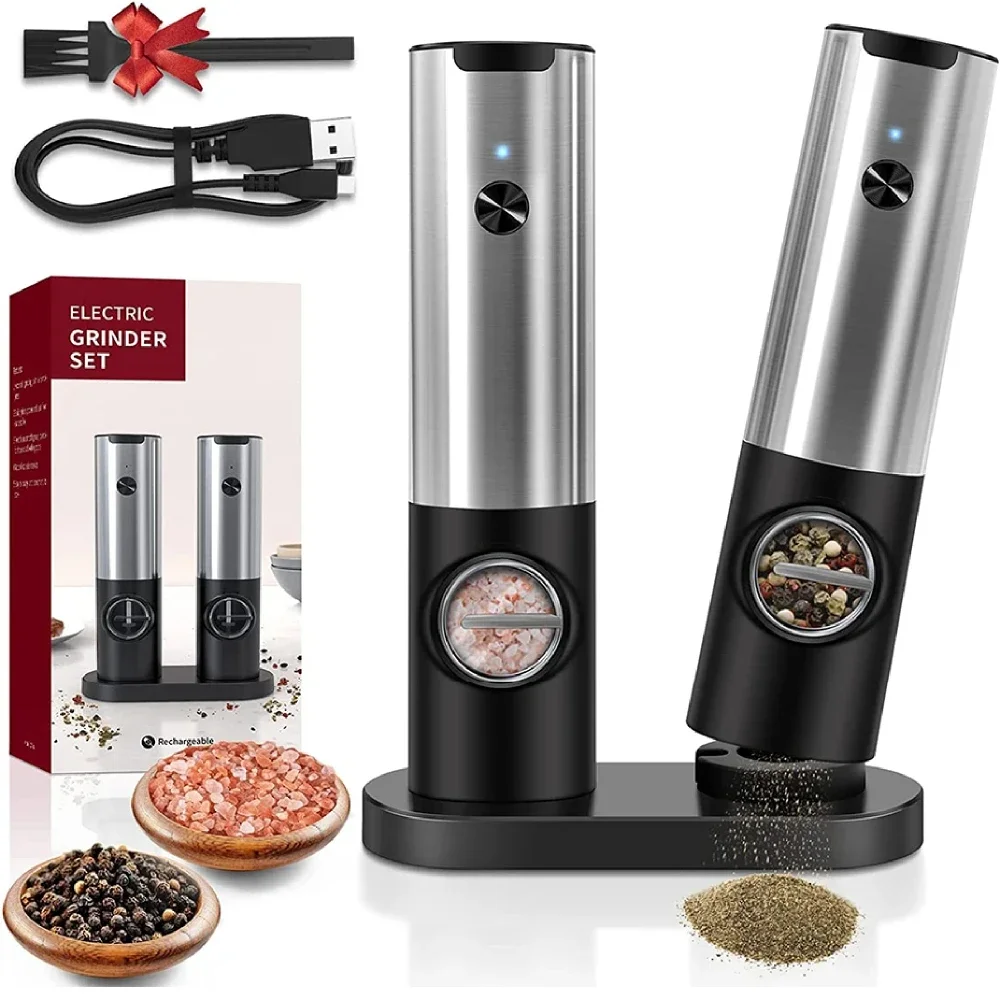 Electric Salt and Pepper Grinder Set, 2 Mills, Rechargeable, with Charging Base, Power Adapter, Size: Large, Silver