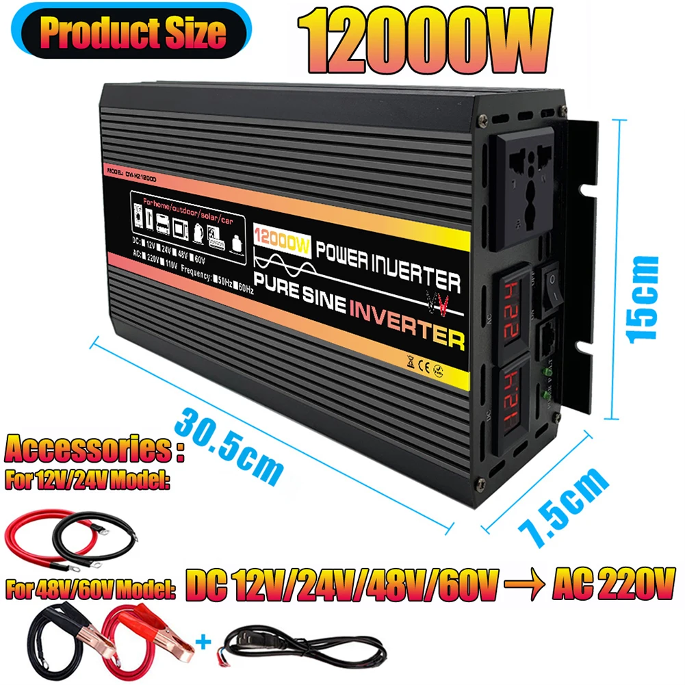 

1pc Car Power Inverter Pure Sine Wave Inverter 12000W AC 220V Solar Panel Voltage Transformer For Cars / Trucks/electric Vehicle