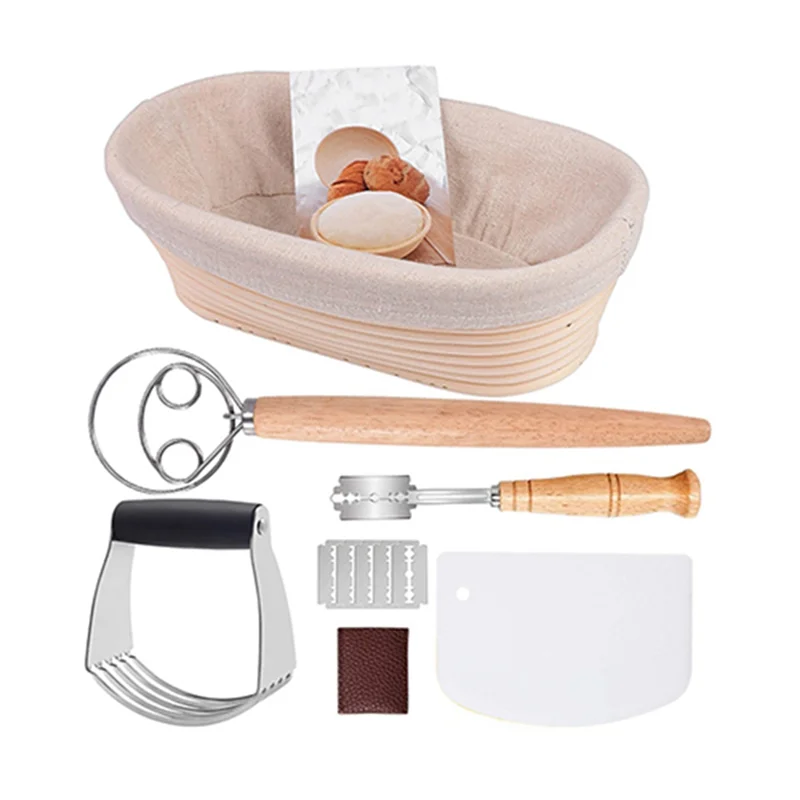B89B-1Pcs Bread Baking, Oval Bread Fermentation Basket, With Flour Mixer Accessories Used For Kitchen Making Tools
