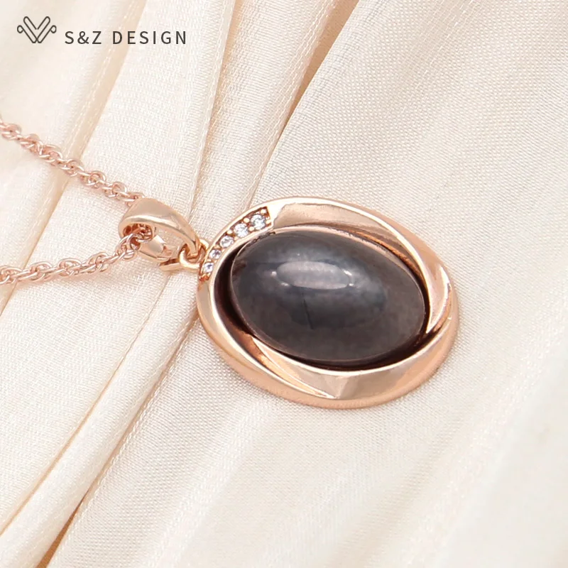 S&Z DESIGN New 585 Rose Gold Color Egg Shape Simulated-pearl Pendant Necklace For Women Wedding Fashion Cubic Zirconia Jewelry